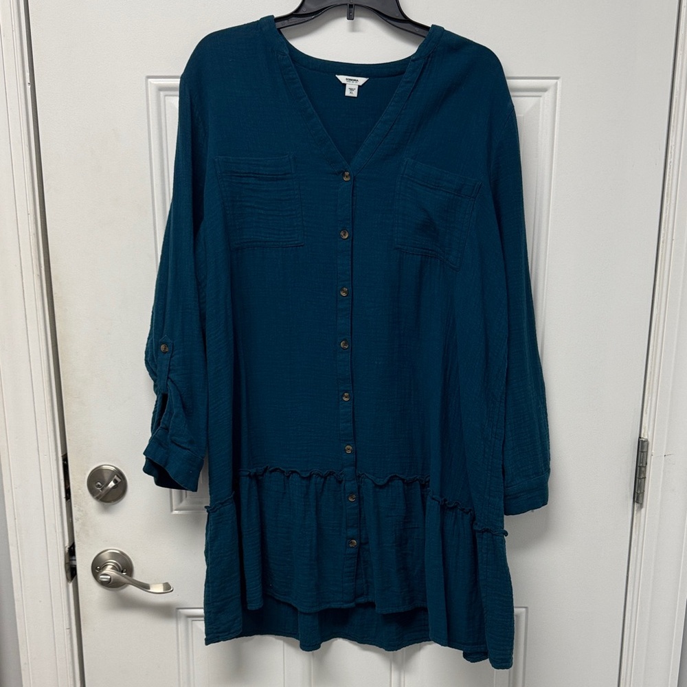 Sonoma Teal V-Neck Button-Up Dress